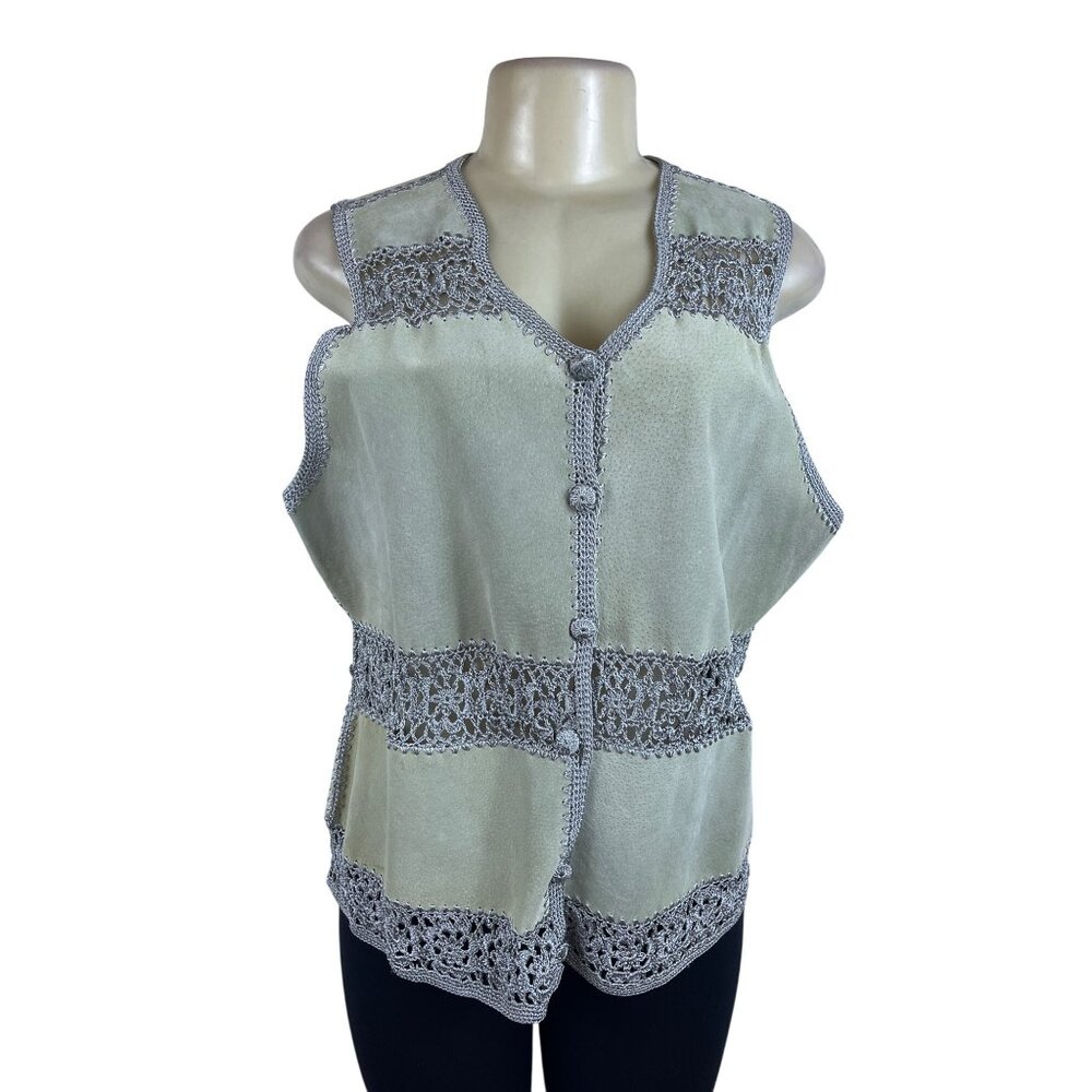 Vintage S.M.H. Womens Green Suede Leather Button Up Vest With Crochet Trim Sz XL